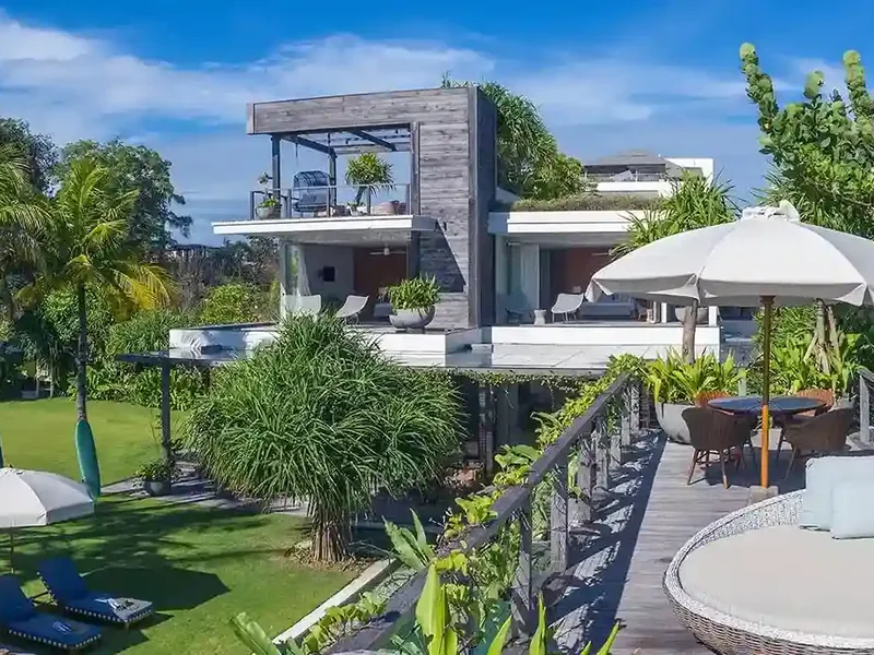 Beach house terrace with loungers in Seminyak