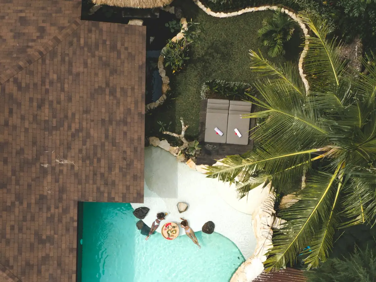 Villa pool among palm trees, from above
