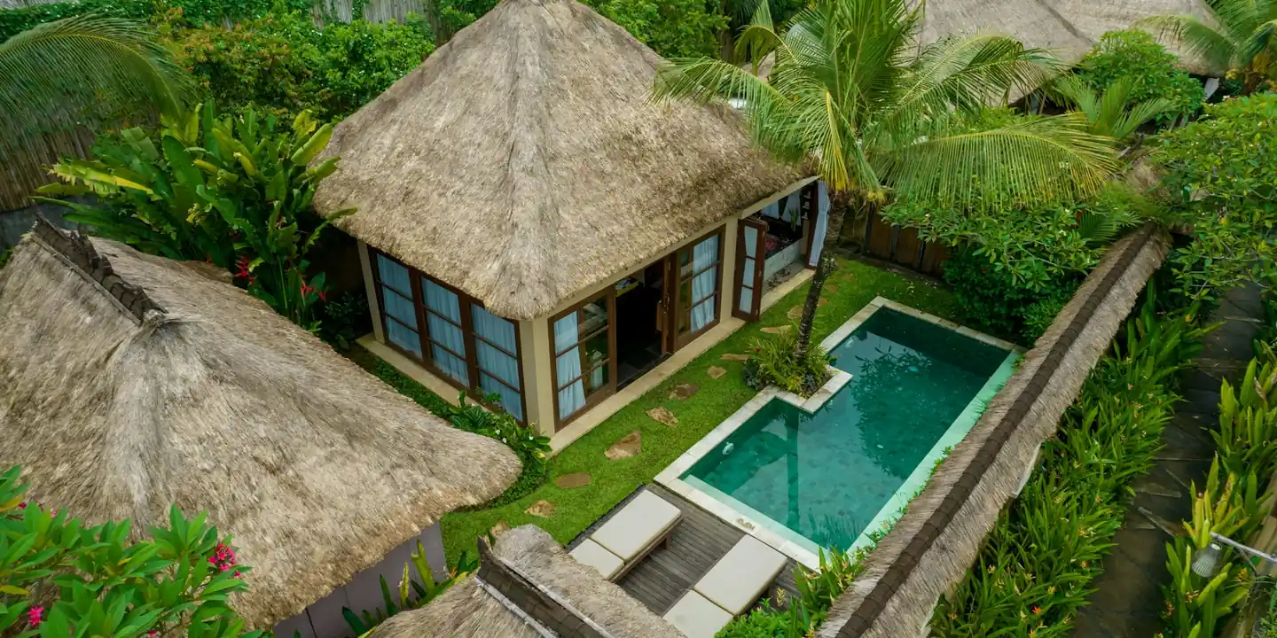 Thatched private villa with a plunge pool among palms, from above