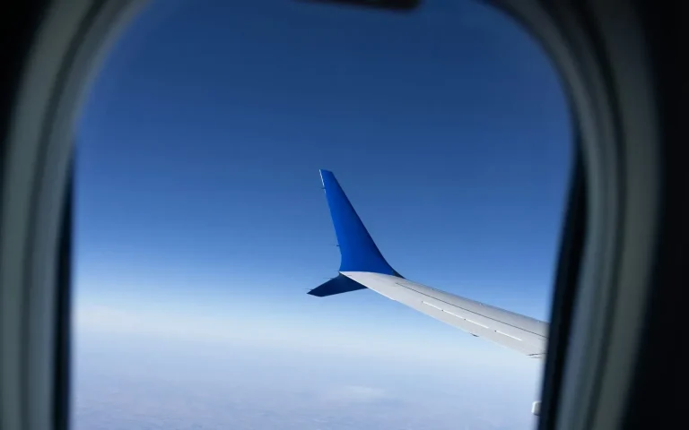 Airplane wing against a blue sky through a cabin window